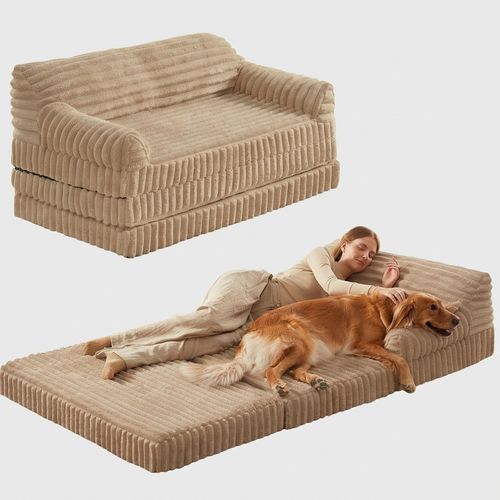 INVENHO foldable queen-size human dog bed with faux-fur cover