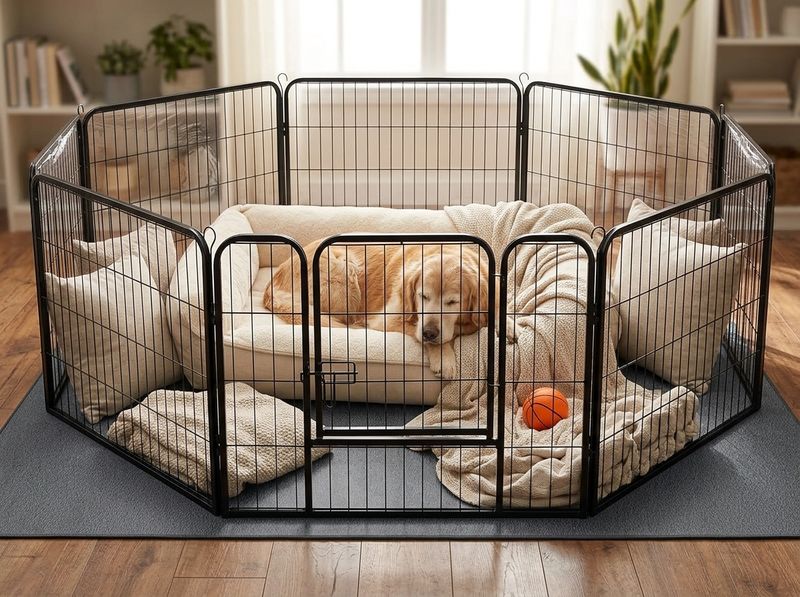 72-inch reusable pee pad spread inside an XL crate with an eight-week puppy sitting on it