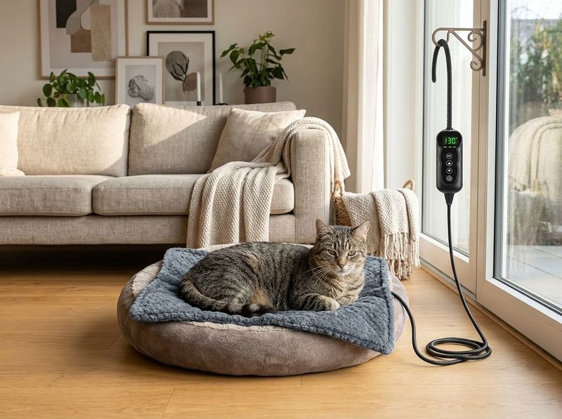 Senior tabby curled on the INVENHO heated pad next to the 11-level controller