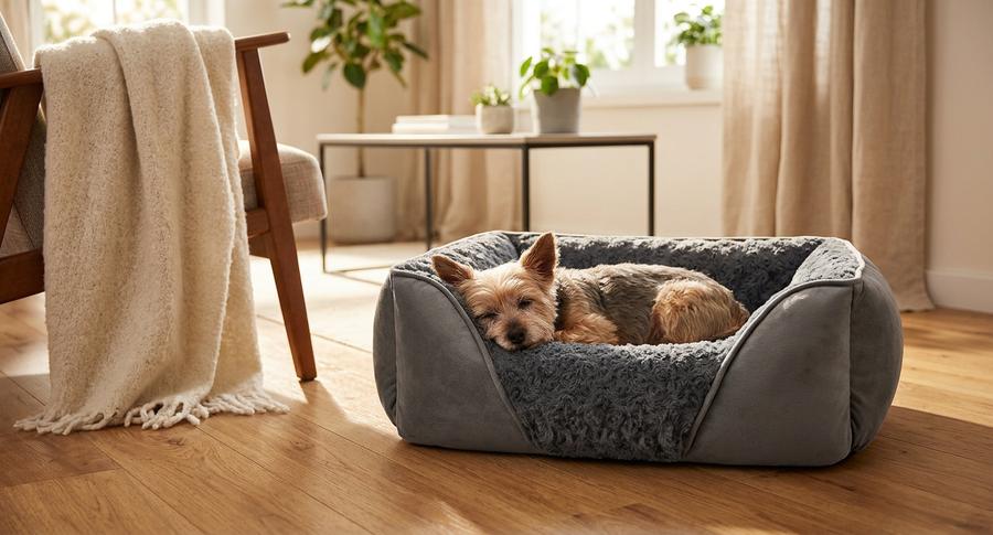 Rectangle calming bed with a small dog curled inside