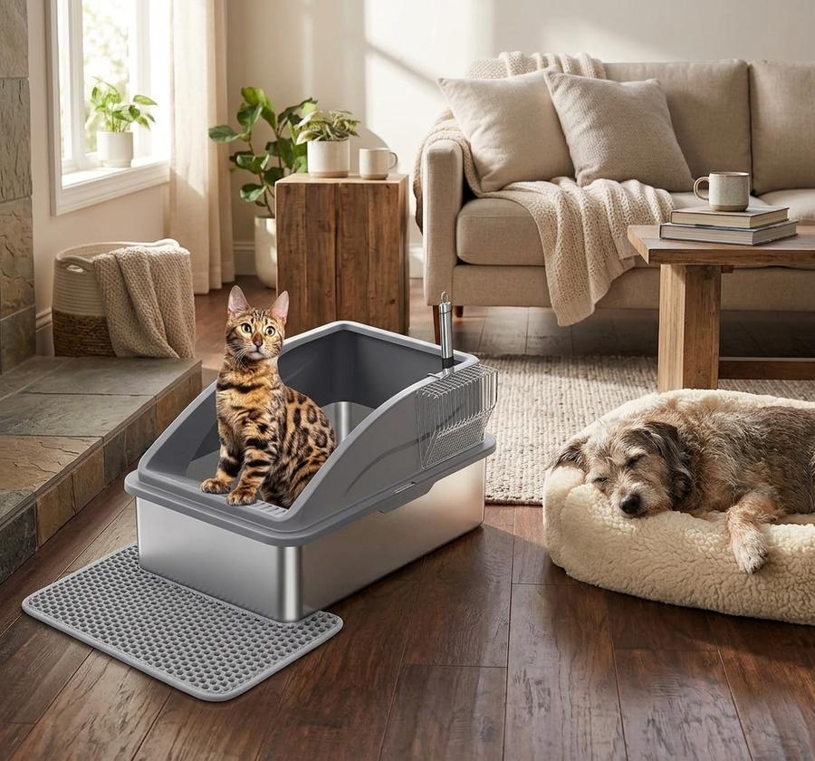 Single-stamped stainless steel litter box with 30-degree inclined filter plate visible