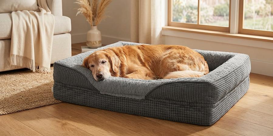 Cross-section of the XL orthopedic bed foam stack with a senior Lab settling in